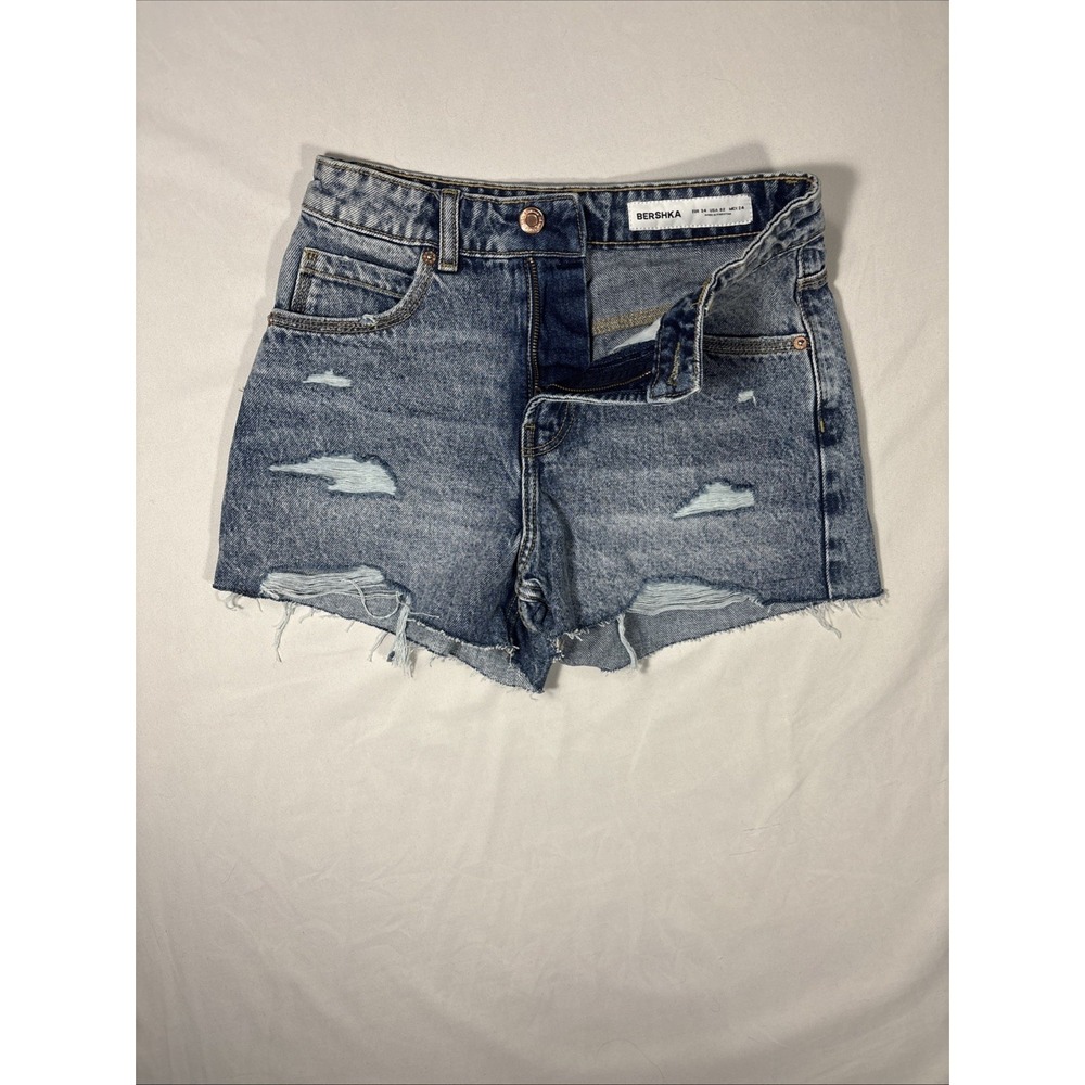 Bershka Womens Cutoff High Rise Button Up Denim Shorts Blue Size 2